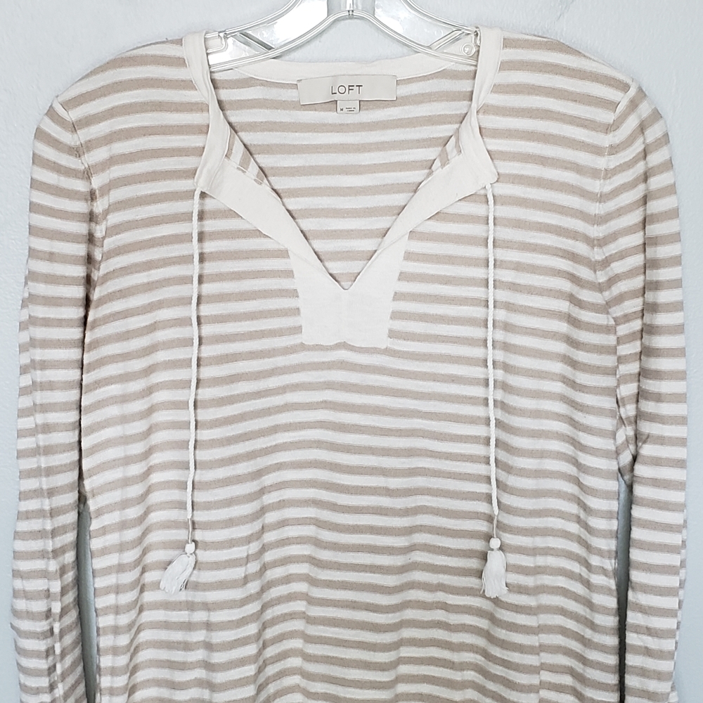 Loft Striped Lightweight Cotton Split Neck Tassel… - image 2
